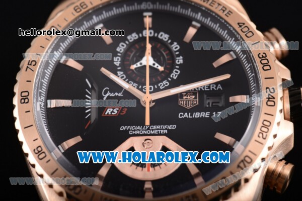 Tag Heuer Grand Carrera Calibre 17 RS3 Miyota Quartz Rose Gold Case with Black Dial Rubber Strap and Stick Markers - Click Image to Close
